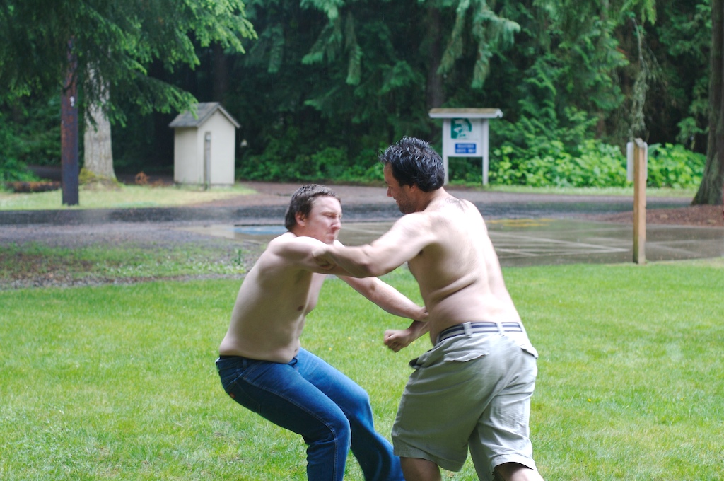 Adam Wygle on the left moments before being dropped during a shirtless fight at the 2007 Mars Hill Men’s Advance.