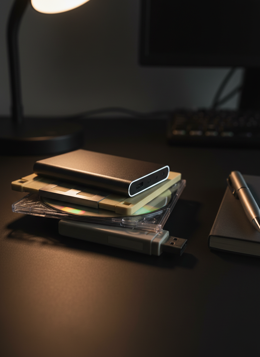 A close-up, cinematic photograph of a sleek, modern external SSD resting atop a stack of older storage media: a slightly yellowed 3.5-inch floppy disk, a cracked jewel case holding a recordable CD, and a chunky early USB drive with faded branding removed. They sit on a matte black surface beside a slim notebook and a pen, echoing analog archiving. A single warm desk lamp from the side casts dramatic, low-key lighting, creating deep shadows and a subtle rim of light around the SSD. Captured at a low, oblique angle with a shallow depth of field, the front edge of the stack is in razor-sharp focus while the background melts into bokeh, suggesting continuity between past and present digital preservation.