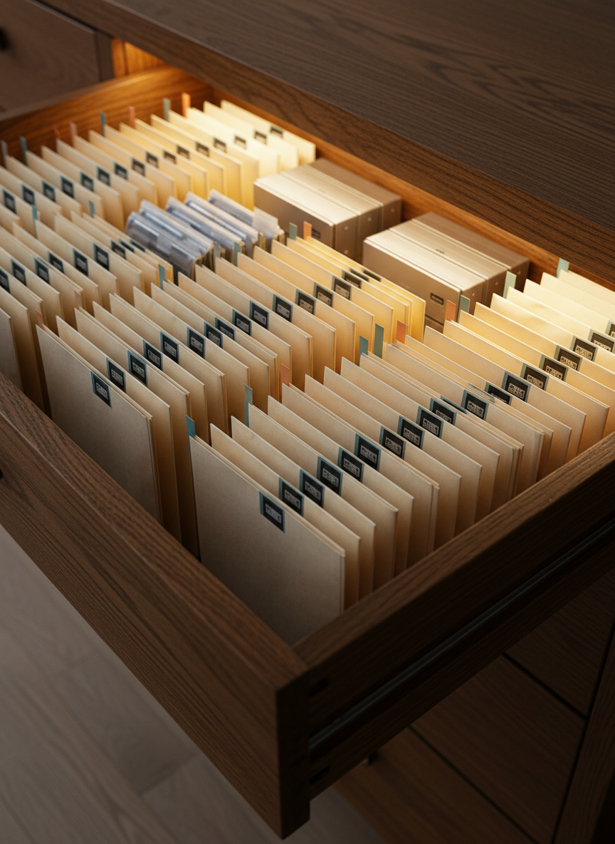 A narrow, deep drawer pulled open to reveal an organized archive of personal digital artifacts: rows of slim, neutral-colored envelopes containing printed emails and forum posts, small archival sleeves holding memory cards, and compact cases for old backup drives. Discreet color-coded tabs imply a chronology without using visible text. Soft, warm overhead lighting reveals subtle paper textures and the brushed metal of the drives, casting delicate, parallel shadows along the drawer’s interior. The camera is positioned at a slightly elevated three-quarter angle, focusing sharply on the front row while the back recedes into gentle blur. The overall photographic realism and calm, orderly composition create a sophisticated sense of a private, physical vault for one person’s digital past.