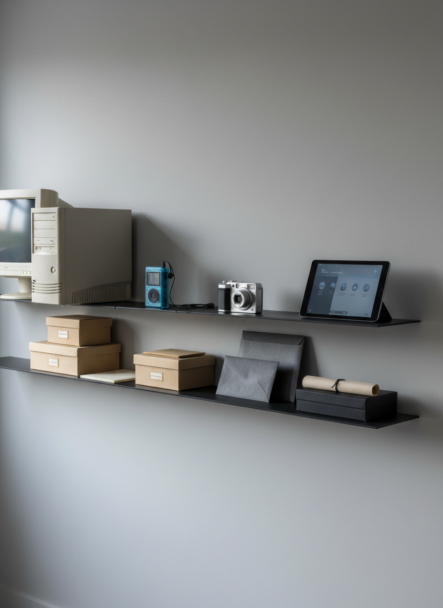 A minimalist, wall-mounted timeline composed of slim, matte-black metal shelves, each holding a different era of digital devices: an old beige tower PC, a translucent plastic MP3 player, a compact digital camera, and a modern, ultra-thin tablet displaying a muted interface. Below each device, small, unlabeled archival boxes and envelopes suggest carefully preserved data. Cool, diffused daylight washes across a neutral gray wall, casting soft, layered shadows that emphasize the chronological arrangement. Photographed from a slightly angled, wide perspective for sharp focus throughout, the image feels curated and sophisticated, conveying the idea of a chronological journal of one person’s digital life without showing any humans or text.