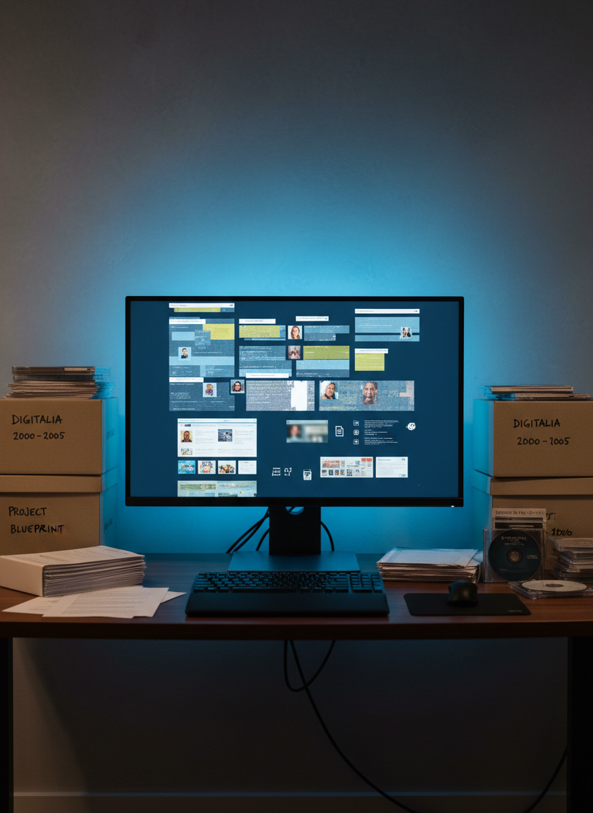 Inside a dimly lit, modern study, a large high-resolution monitor displays a grid of small, varied digital artifacts: old email headers abstracted into colored blocks, pixelated avatars, low-res thumbnails of personal websites, and minimalist icons representing chat logs and documents. Surrounding the monitor are labeled archival boxes, each slightly open to reveal neatly stacked printed pages and labeled optical discs with identifying text intentionally obscured. Cool, bluish monitor glow is the primary light source, softly illuminating the nearby desk and casting a gentle halo on the surrounding wall. Photographed straight-on with symmetrical framing and medium depth of field, the scene feels analytical yet intimate, embodying the ongoing work of organizing and preserving a lifetime of digital traces without any human presence.