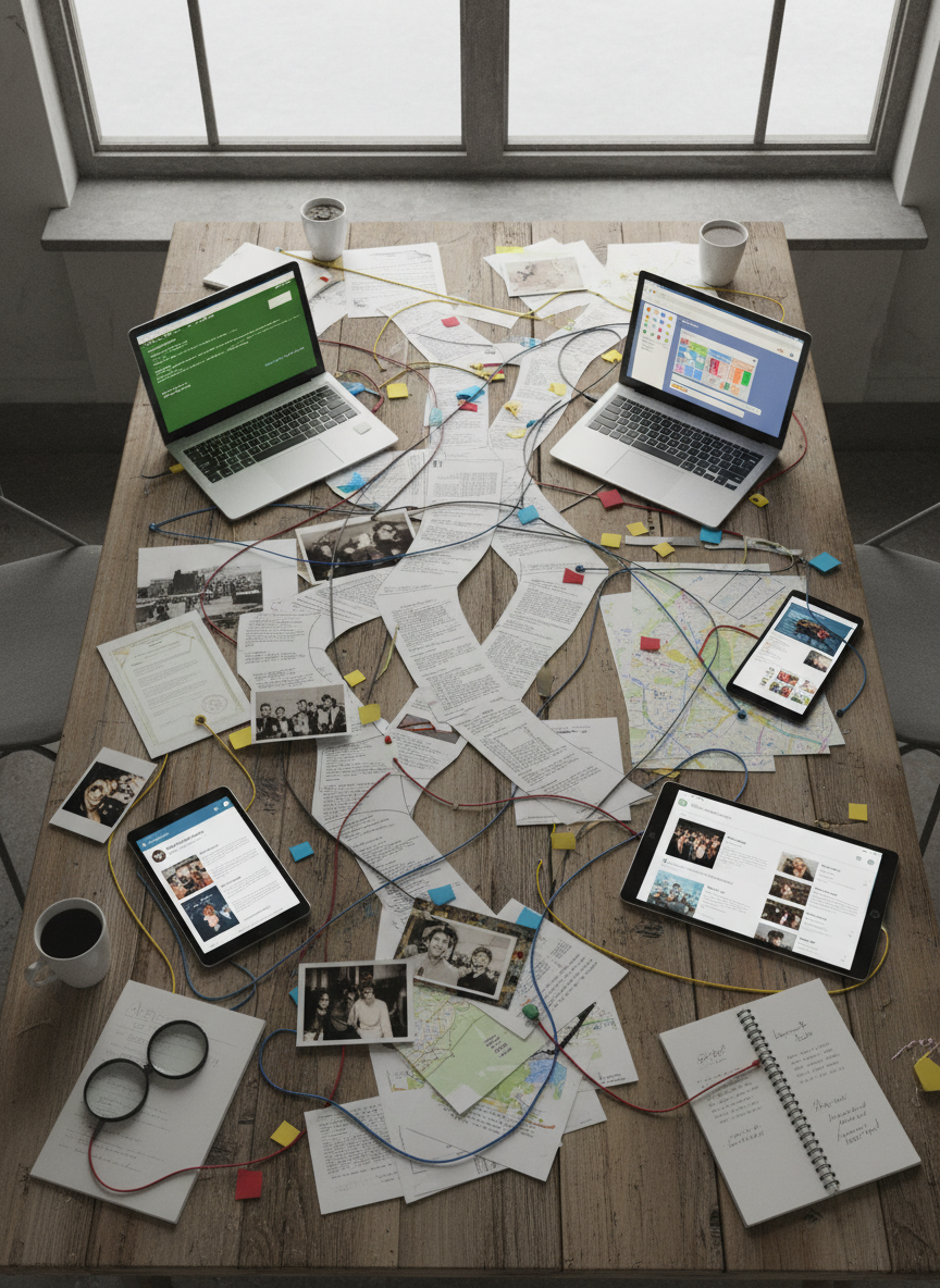 An overhead photographic view of a large, gently worn wooden table transformed into an investigation board of personal digital history. Open laptops and tablets show different eras of user interfaces, while printed browser histories, pixelated photos, and annotated diagrams are arranged in deliberate clusters. Thin, dark cords and colored sticky flags visually connect related artifacts, forming a web-like structure. Natural, overcast window light creates an even, soft illumination with minimal glare, allowing every detail to remain legible. The mood is methodical and contemplative, like a forensic lab for memories. Shot from a bird’s-eye perspective with sharp focus edge to edge, the composition highlights the investigative process of reconstructing a life through archived digital artifacts.